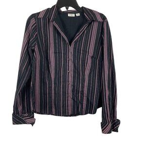 Cato Women Black & Pink Striped Button-Up Long Sleeve Shirt Size S